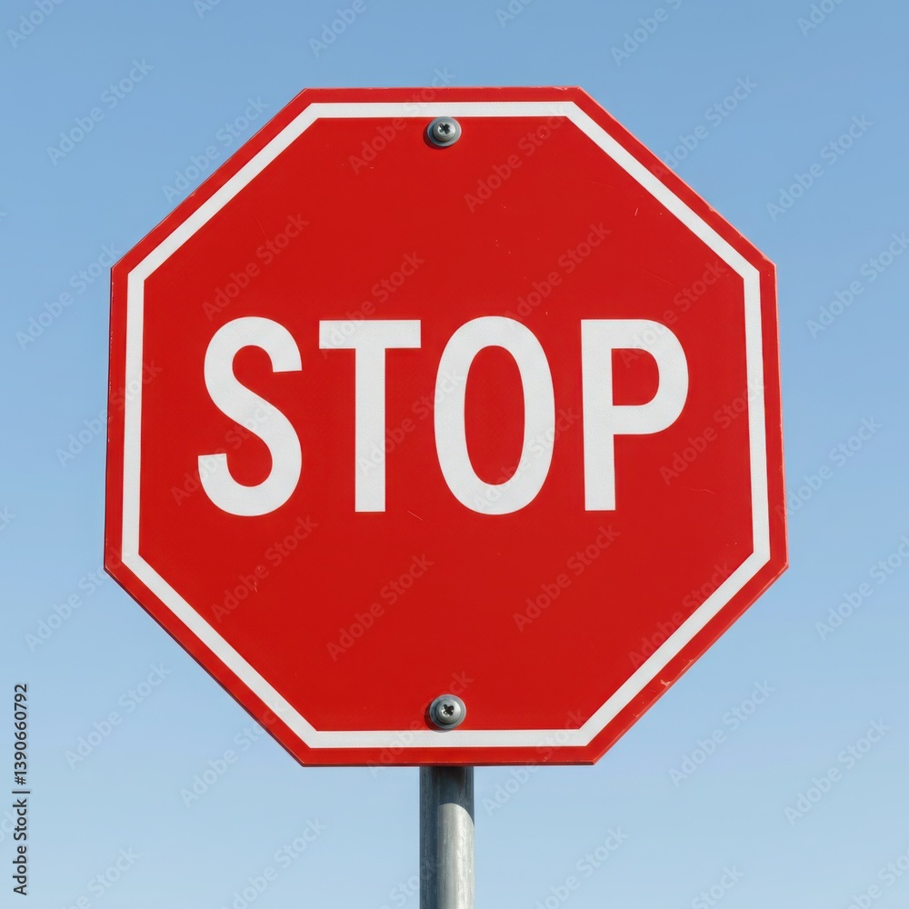 A red stop sign with white lettering against a clear blue sky and metal pole on a sunny day A red stop sign with white lettering against a clear blue sky and metal pole on a sunny day