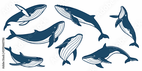 Blue Whale Vector Illustrations - Marine Animal Cartoon Set - Ocean Wildlife Graphics Design - Sea Mammals - Aquatic Life - Whale Collection - Blue and White Art Design