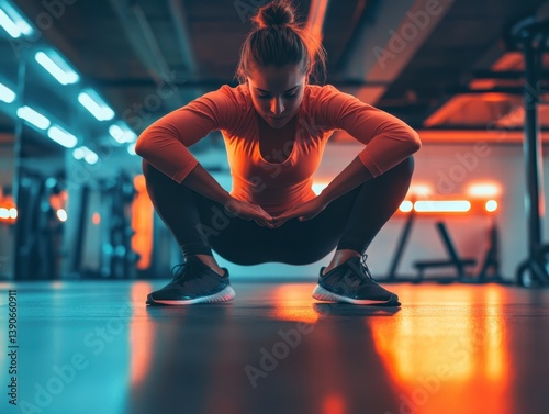 Squat in the Gym: A focused woman performs a deep squat exercise in a modern, well-lit gym, embodying strength, fitness, and dedication to a healthy lifestyle.