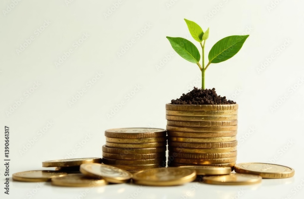 Banner. Stacks of coins and sprout on white background. Concept of accumulation of money. Banner. Stacks of coins and sprout on white background. Concept of accumulation of money.