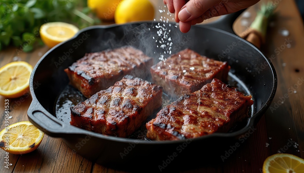 Fototapeta premium Grilled meat texture of beef short ribs in cast iron skillet with distinctive charred ridges, caramelized edges and glistening rendered fat under sprinkled salt