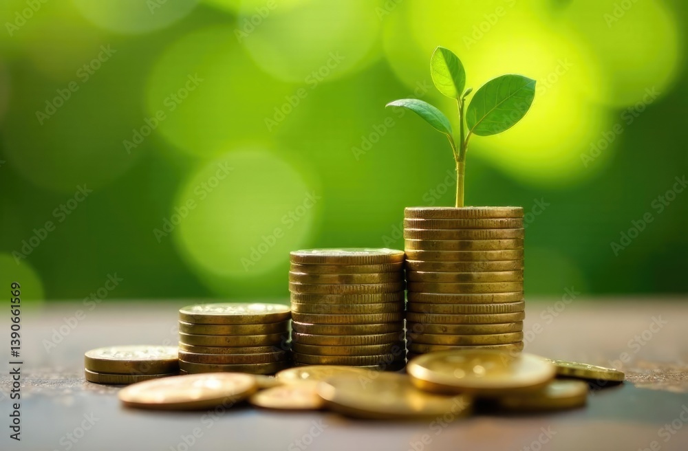 Banner. Stacks of coins and sprout on blurred green background. Concept of accumulation of money. Banner. Stacks of coins and sprout on blurred green background. Concept of accumulation of money.