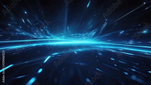 Abstract digital landscape with blue wavy lines converging towards the horizon under a dark