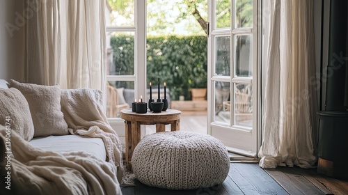 Obraz na płótnie A cozy hygge nook featuring a linen sofa w salonie