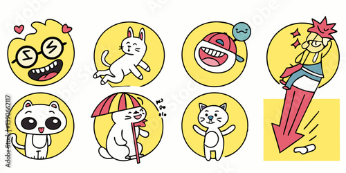 Playful Cartoon Animal Cat Ferret Blob Doodle Yellow Circles Stickers Avatars