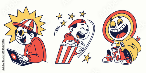 Cartoon Illustrations of Happy People Laughing with Laptop, Popcorn, and Drink