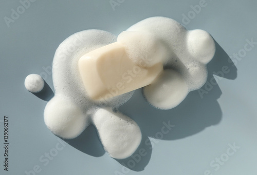 Soap bar with foam on grayish blue background, top view