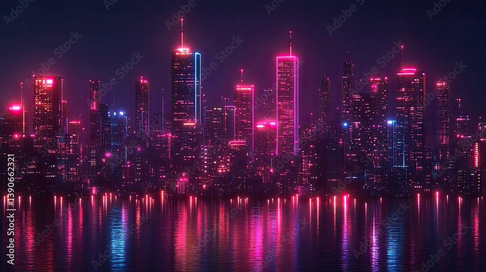 Fototapeta premium Vibrant futuristic city skyline at night with colorful neon lights reflecting on water