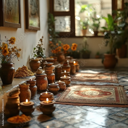 ndian Ayurvedic clinic with traditional decor and authentic healing tools