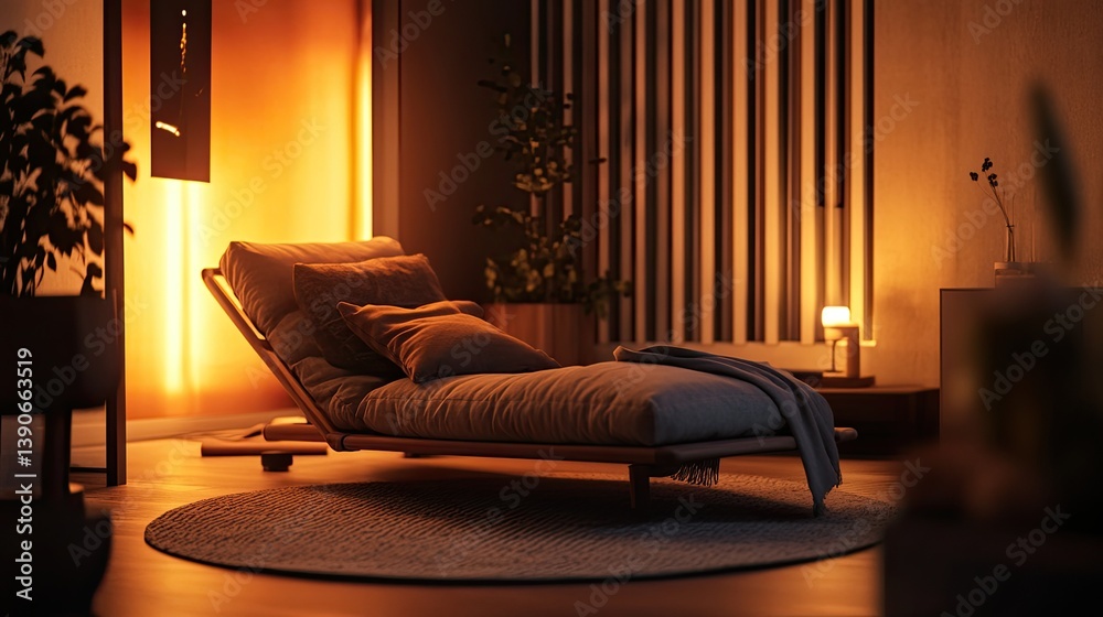 A dimly lit hygge-inspired room with warm lighting fixtures reflecting off textured pillows