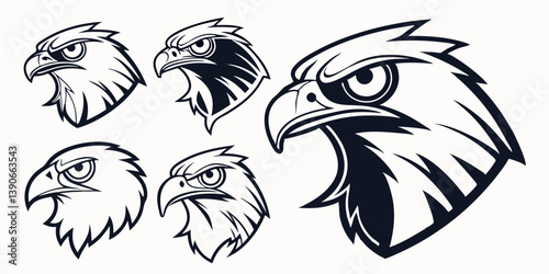 Aggressive Fierce Cartoon Eagle Head Vector Mascot Logo Bird of Prey Illustration Black and White Graphic Art Design Set Collection Icon Set Graphics Image Clip Art