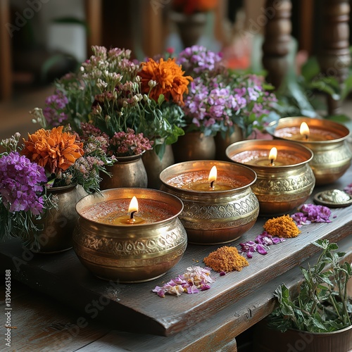 Sacred ritual setup with brass diya, flowers, and Ayurvedic offerings
