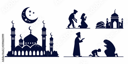 Muslim Prayer Ramadan Eid Mosque Silhouette Crescent Moon Stars Vector