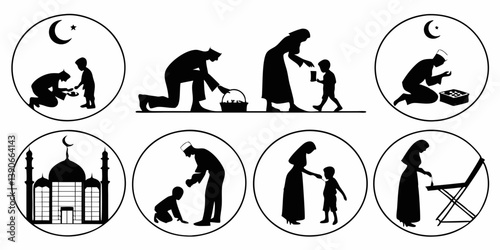 Islamic Family Daily Life Scenes Silhouette Vector Icons: Black & White, Mosque, Prayer, Zakat, Education