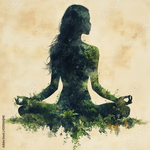 Conceptual image of mind-body balance with nature and Ayurvedic symbolism