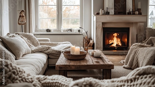 A fireplace-centered hygge living room designed with soft