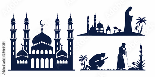 Islamic Mosque Silhouette Vector, Muslim Prayer Scene, Minarets, Domes, Crescent Moon