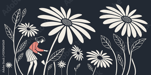 Daisy Field Woman Flowers Artistic Black White Pink Vector Illustration