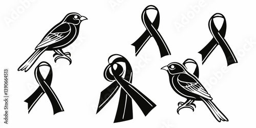 Black Mourning Ribbons and Birds Cartoon Vector Illustration - Sympathy Remembrance Condolences