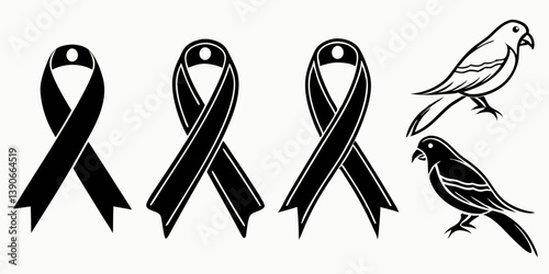 Black Mourning Ribbons and Birds Cartoon Vector Illustration - Sympathy Remembrance Condolences