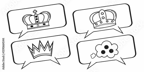 Black and White Cartoon Line Art Crowns and Cloud Speech Bubbles Clip Art Vector Graphic Design Illustration Artworks Image