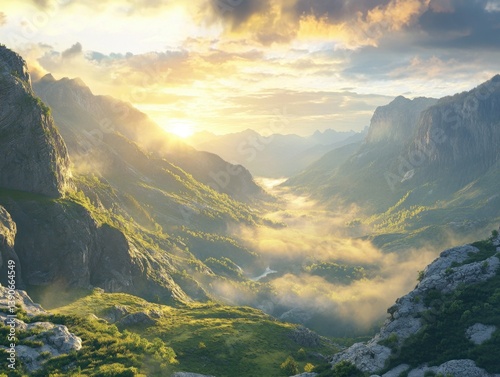 Golden Horizon: A breathtaking vista unfolds as a sun-kissed mountain landscape reveals its splendor, where majestic peaks and valleys are kissed by the golden light.