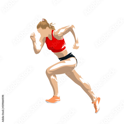 Run, athletics, running woman, female sprinter, isolated vector illustration, side view