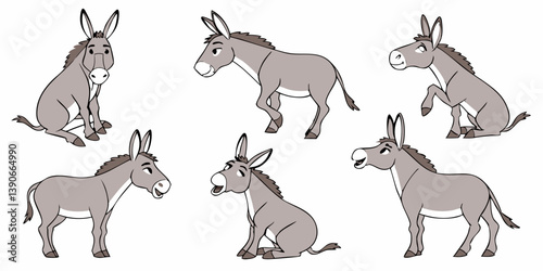 Funny Cartoon Donkey Illustrations - Set of Six Grey Donkeys in Different Poses - Cute Farm Animal Clipart