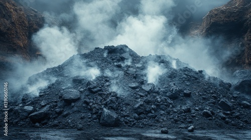 A coal mound rises in a mining area, with steam emerging, illustrating the extraction of minerals. Heavy machinery is likely present, engaged in quarry operations.