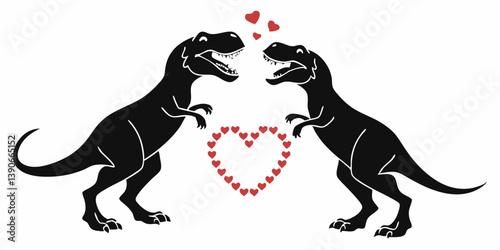 Black Silhouette T-Rex Dinosaurs in Love with Red Hearts, Romantic Dino Couple Valentine's Day Illustration Graphic
