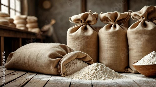 Flour sacks displayed in rustic setting with scattered grain  