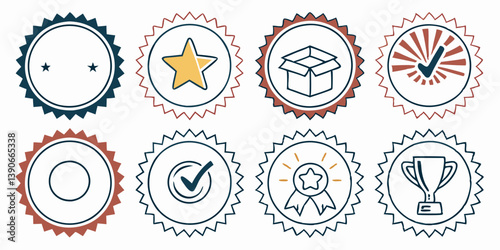 Vector Line Art Quality Guarantee Badges Icons Award Star Checkmark Trophy Set