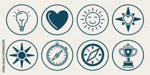 Vector Blue Circular Icons: Idea Lightbulb, Heart Love, Smiling Sun, Compass Direction, Trophy Achievement - Line Art Symbols