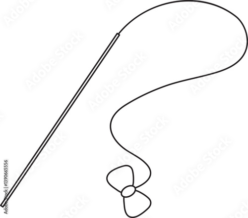 vector illustration of a cat toy, a stick with a long rope and a small bow, simple linear icons, doodle and sketch style, hand-drawn, isolated on a white background