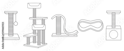 set vector illustration, different types of scratching posts for domestic cats, simple linear icons, doodle and sketch style, hand-drawn, isolated on a white background