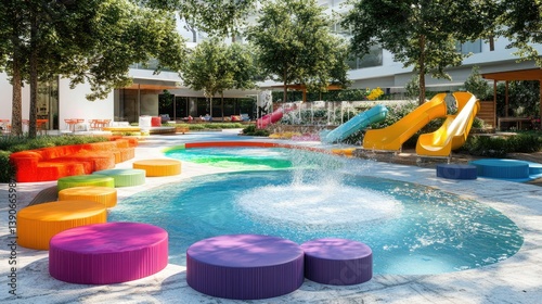Colorful Outdoor Pool Area with Water Slides and Lounge Seating Surrounded by Trees and Greenery