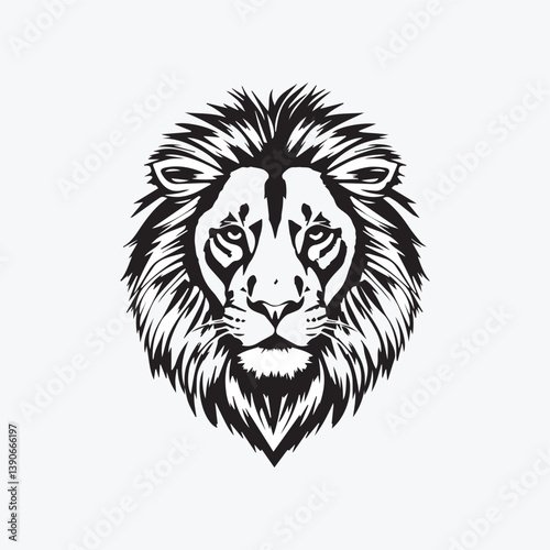 3d lion face black and white silhouette illustration.