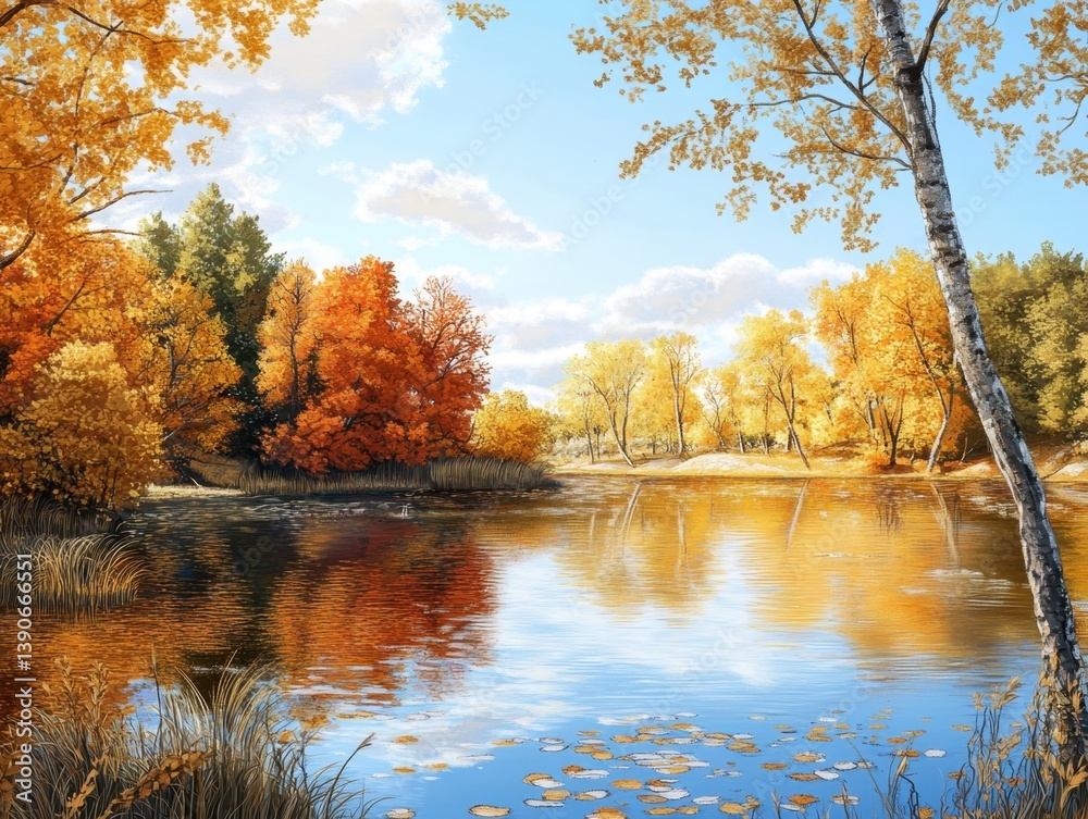 Naklejka premium Autumn Lake Serenity: A vibrant autumnal scene unfolds with a tranquil lake reflecting the colorful trees. The blue sky above adds to the peaceful scenery, making a picturesque landscape. 