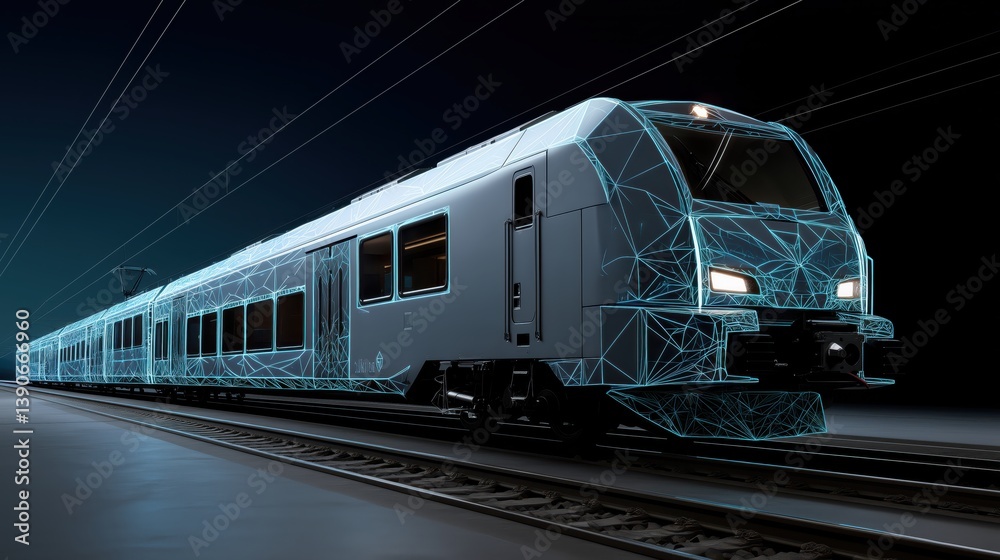 Fototapeta premium A digital train model glows with geometric lines, echoing the elegance of a starry night. 