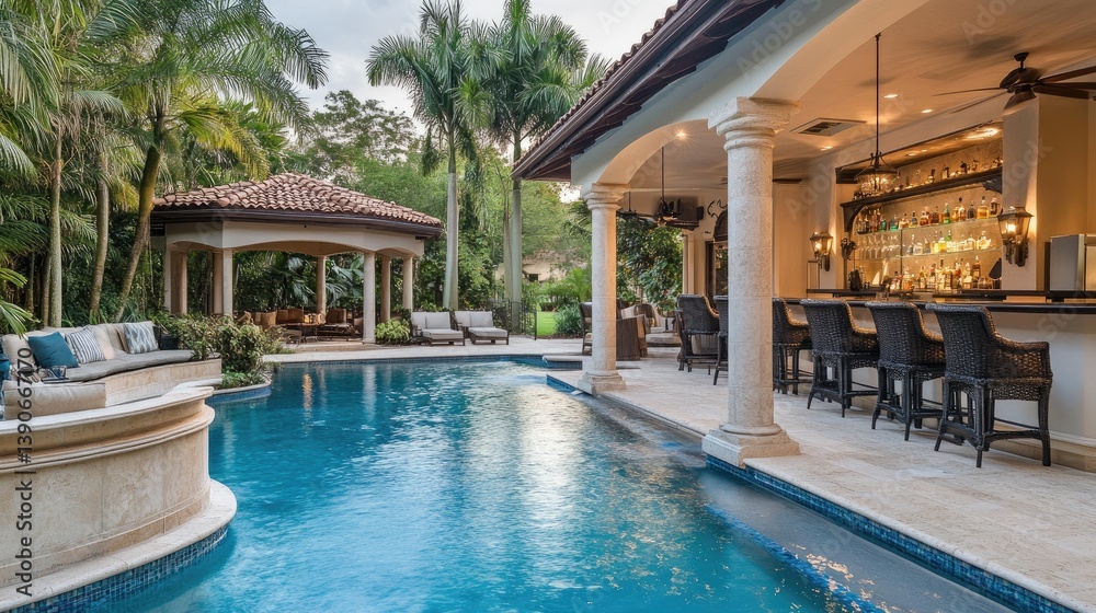 custom made wallpaper toronto digitalLuxurious outdoor pool area with bar and lounge chairs surrounded by tropical greenery and elegant architecture