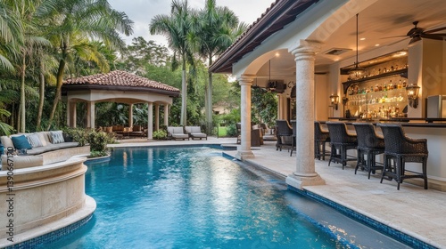 Wallpaper Mural Luxurious outdoor pool area with bar and lounge chairs surrounded by tropical greenery and elegant architecture Torontodigital.ca