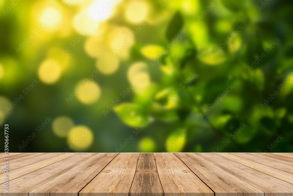 Wood table top on blurred green background - can be used for montage or display your products Wood table top on blurred green background - can be used for montage or display your products