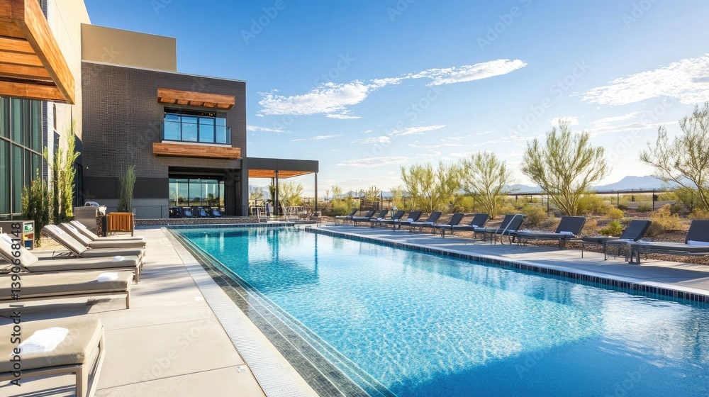 Modern Outdoor Pool Area with Lounge Chairs and Desert Landscape Under Bright Blue Sky Modern Outdoor Pool Area with Lounge Chairs and Desert Landscape Under Bright Blue Sky