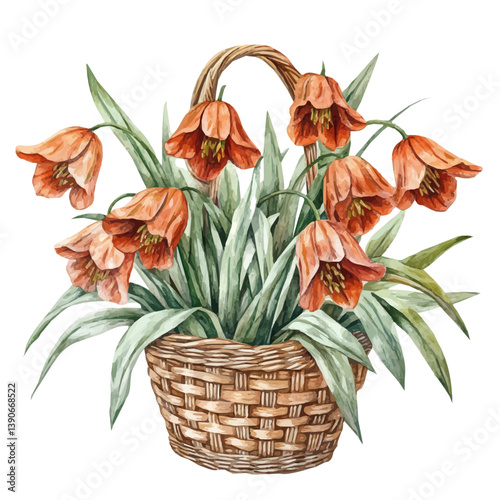 A watercolor painting of Crown Imperial bouquet in a basket, isolated on a white background. Crown Imperial bouquet in a basket vector

