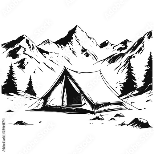 tent in the mountains sketch illustration