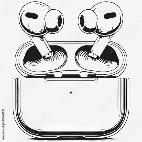 wireless earphones with case sketch illustration