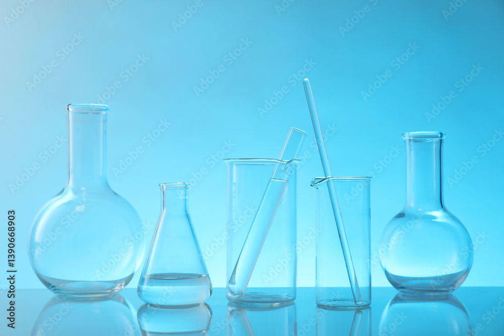 Laboratory glassware on mirror surface against light blue background Laboratory glassware on mirror surface against light blue background