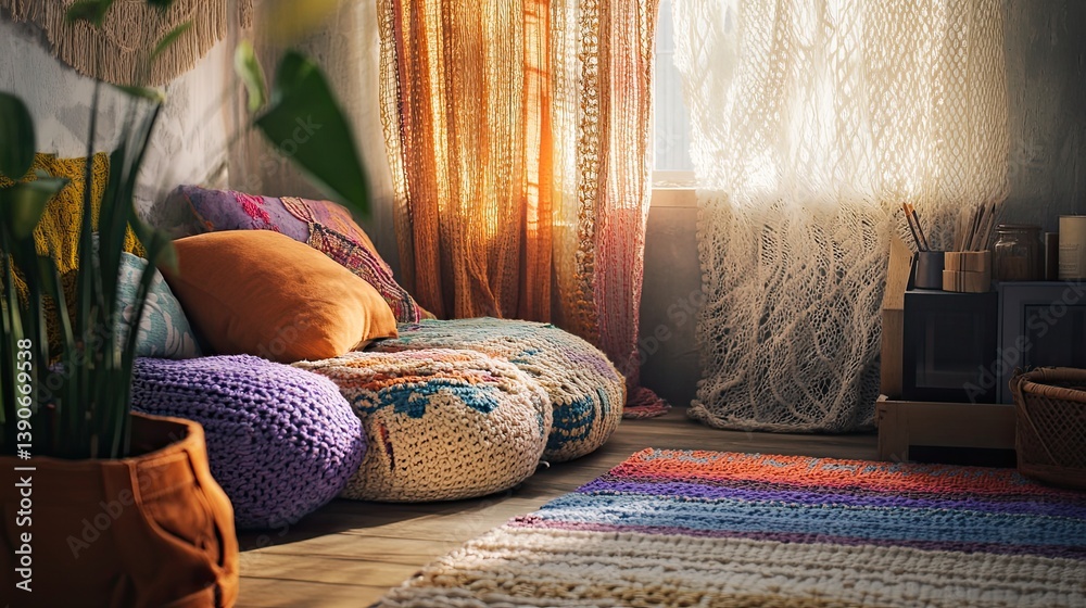 a hygge bohemian-inspired corner featuring colorful mixed textures: cushions