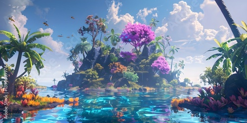 Tropical island in the sea with palm trees birds and flowers
