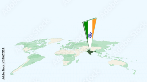 Highlighted India on Global Map with 3D Flag Location Pin of India.
